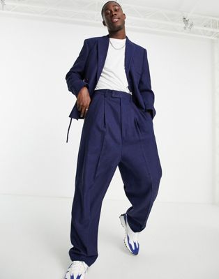 Pantalons de costume Pantalon de costume large à taille haute en sergé de laine mélangée - Bleu marine