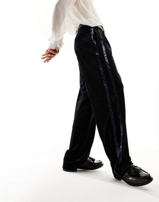 ASOS DESIGN wide leg suit trouser in velvet with sequin stripe in black  - ASOS Price Checker