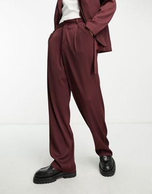 ASOS DESIGN wide leg suit trousers in burgundy plisse - ASOS Price Checker