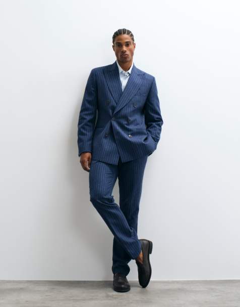 ASOS DESIGN pantalon de costume slim en lin à rayures fines bleu marine - view 1