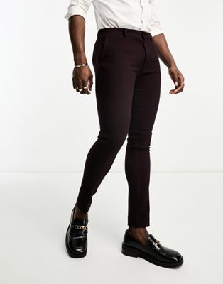 ASOS DESIGN super skinny wool mix suit trousers in herringbone in burgundy - ASOS Price Checker