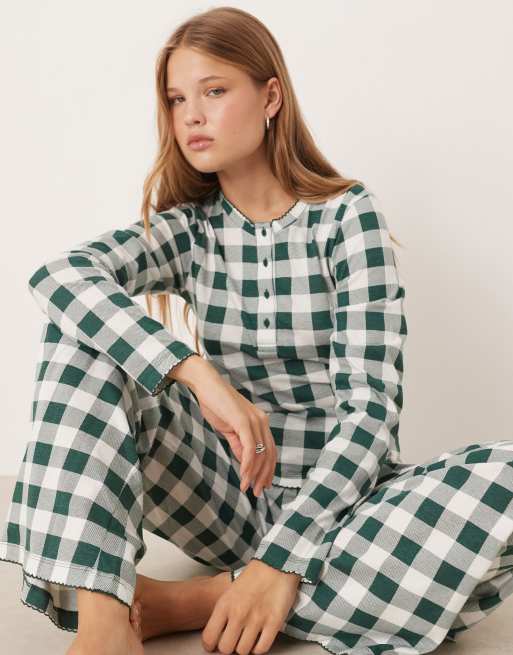ASOS DESIGN - Pantalon de pyjama à assortir avec imprimé à carreaux et taille en velours - Vert, 3 de 4