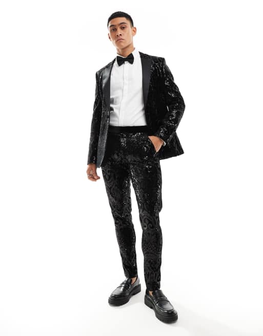 ASOS DESIGN - Pantalon de smoking ajusté avec motif cachemire orné de sequins - Noir