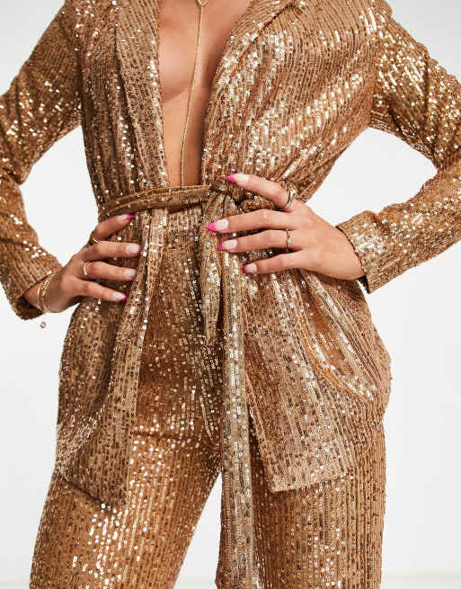 ASOS DESIGN - Pantalon de tailleur évasé en jersey à sequins - Or rose, 3 de 4
