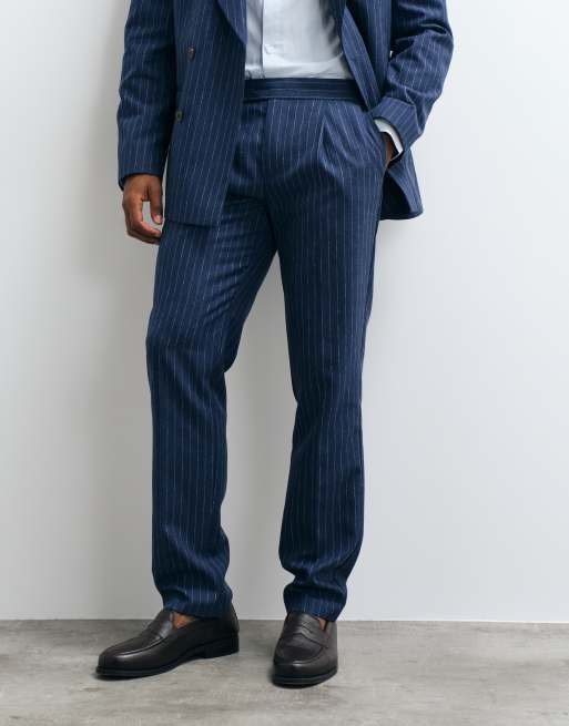 ASOS DESIGN - pantalón de traje slim con lino y raya diplomática azul marino, 4 de 5