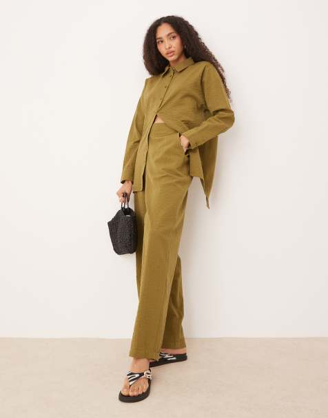 ASOS DESIGN - Pantalon décontracté à enfiler d'ensemble en crépon à rayures - Olive - view 1