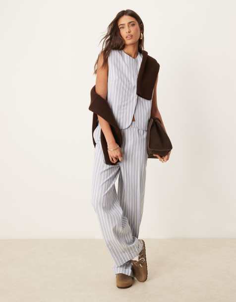 ASOS DESIGN - Pantalon d'ensemble ajusté droit à rayures en lin - Bleu et blanc - view 1