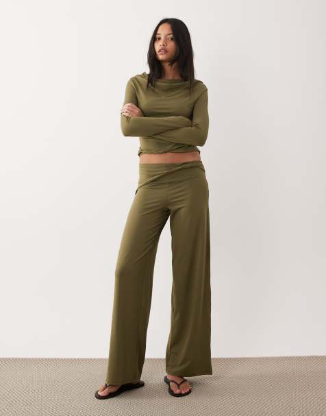 ASOS DESIGN - Pantalon d'ensemble ample à taille rabattue et détail torsadé - Kaki - view 1