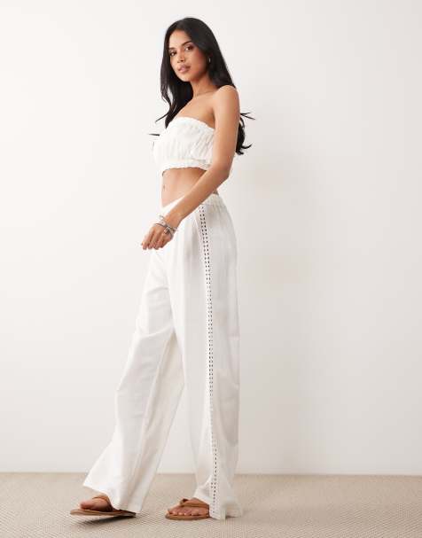ASOS DESIGN - Pantalon d'ensemble ample avec empiècement en maille au crochet et liens à pampilles - Ivoire - view 1