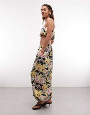 Pantalon d'ensemble coupe ballon en lin mélangé à fleurs - Noir-multicolore 38