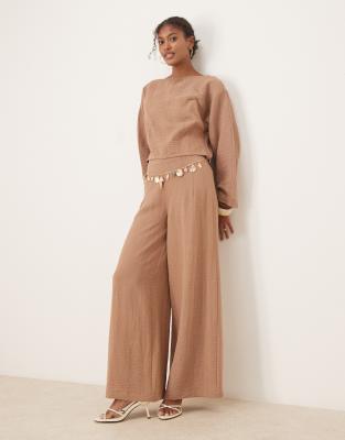 ASOS DESIGN - Pantalon d'ensemble effet froissé en lin mélangé à taille haute style corset - Taupe-Marron