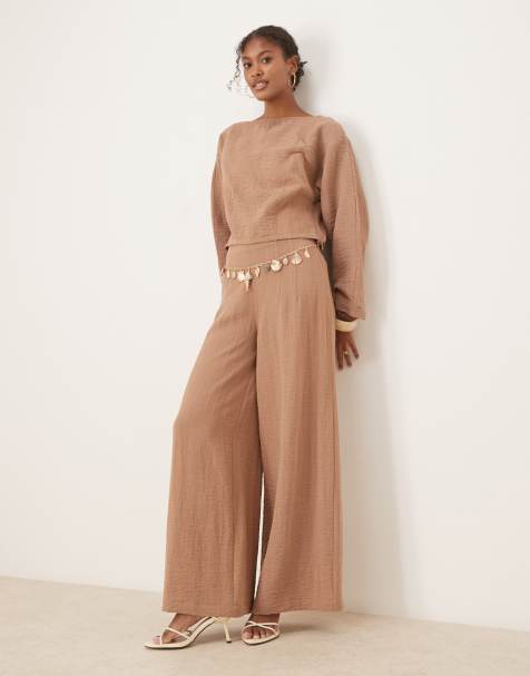 ASOS DESIGN - Pantalon d'ensemble effet froissé en lin mélangé à taille haute style corset - Taupe - view 1