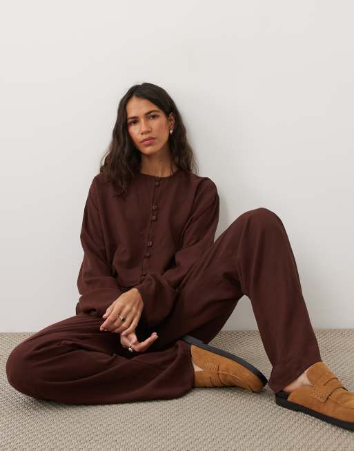 ASOS DESIGN - Pantalon d'ensemble en lin mélangé à enfiler - Marron, 3 de 5