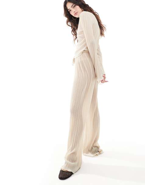 ASOS DESIGN - Pantalon d'ensemble en tissu plissé avec ourlets à godets - Champagne - view 1