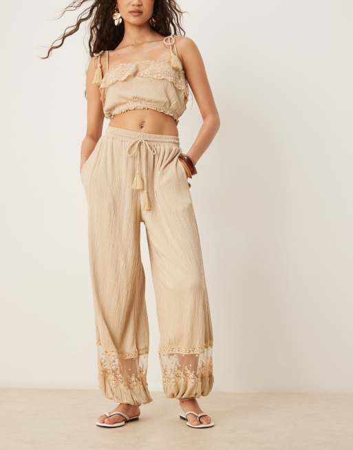 ASOS DESIGN - Pantalon d'ensemble froissé avec empiècements en dentelle - Taupe, 3 de 5