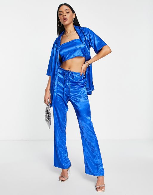 ASOS DESIGN - Pantalon d'ensemble large à enfiler en jacquard de satin - Cobalt
