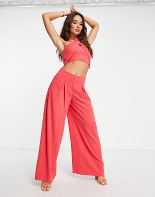 ASOS DESIGN - Pantalon d'ensemble large en lin avec plis sur le devant - Rouge