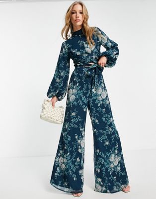 ASOS DESIGN - Pantalon d'ensemble large en tissu doux à fleurs - Bleu marine