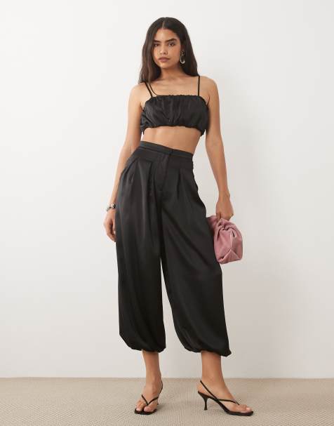 ASOS DESIGN - Pantalon d'ensemble plissé effet boule en satin - Noir - view 1