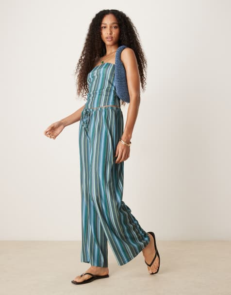 ASOS DESIGN - Pantalon d'ensemble rayé ample et texturé à taille mi-haute - Sarcelle - view 1