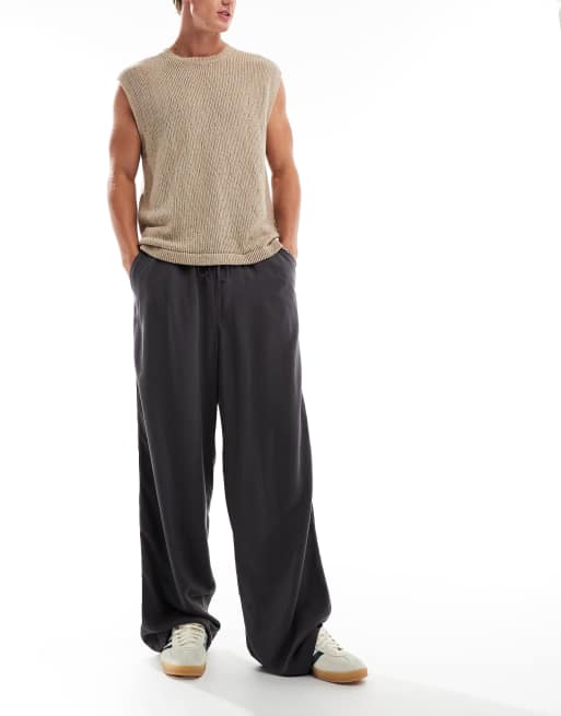 ASOS DESIGN - Pantalon d'ensemble ultra baggy avec cordon de serrage à la taille en lin mélangé - Anthracite