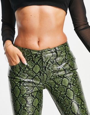 Femme Pantalon droit à taille basse en imitation cuir imprimé peau de serpent - Vert