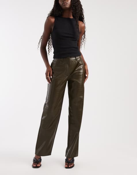 ASOS DESIGN pantalon droit ample ajusté en imitation cuir effet croco olive - view 1