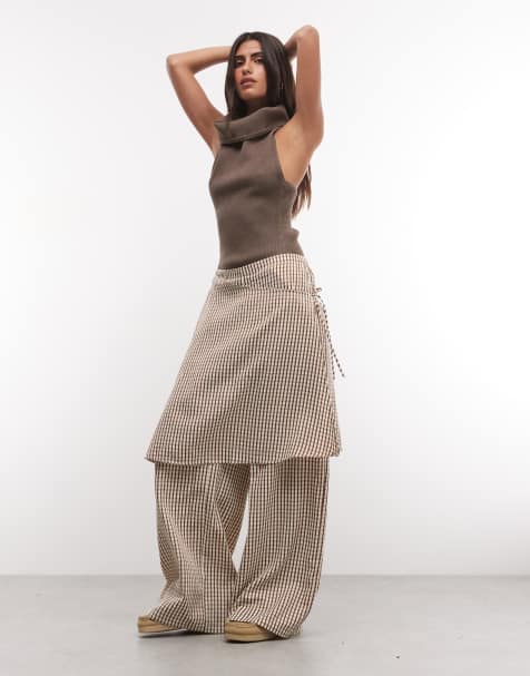 ASOS DESIGN pantalon droit avec détail jupe à carreaux marron - view 1