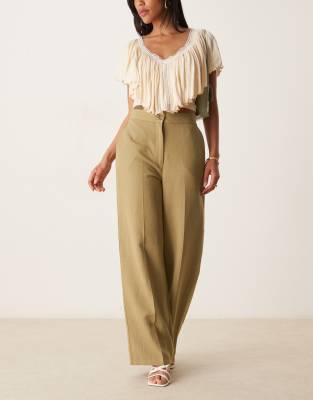 ASOS DESIGN - Pantalon droit décontracté en lin mélangé - Kaki-Vert
