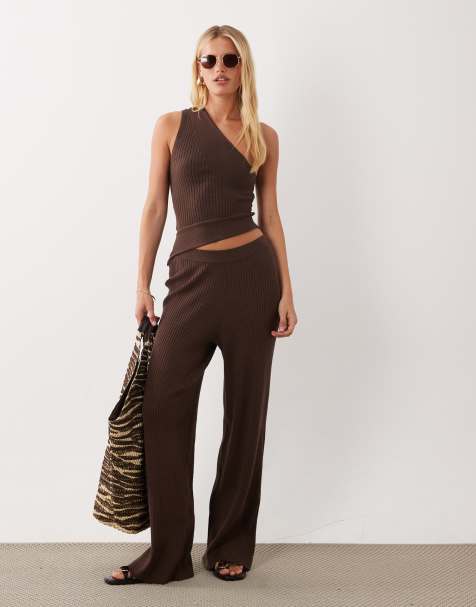 ASOS DESIGN - Pantalon droit d'ensemble en maille nervurée - Chocolat - view 1