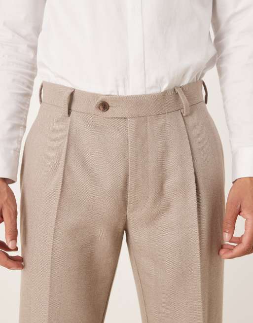 ASOS DESIGN - Pantalon droit élégant en laine à pinces et chevrons - Beige, 4 de 5
