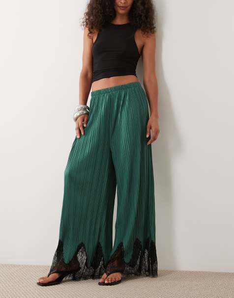 ASOS DESIGN - Pantalon droit plissé à assortir avec bordure en dentelle noire - Bleu sarcelle - view 1