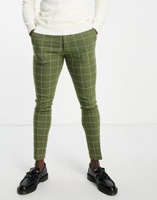 Homme Pantalon élégant super skinny en laine mélangée à grands carreaux - Vert fusil