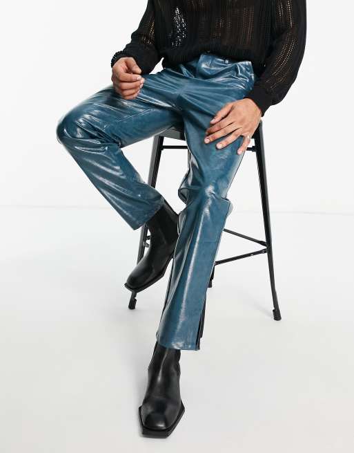 ASOS DESIGN - Pantalon en imitation cuir avec ourlet fendu - Bleu - MBLUE