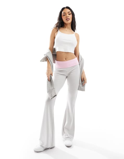 ASOS DESIGN - Pantalon évasé à rabat - Gris chiné et rose - view 1
