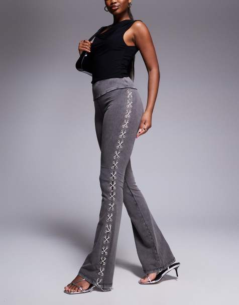 ASOS DESIGN - Pantalon évasé avec laçage latéral à strass - Gris - view 1