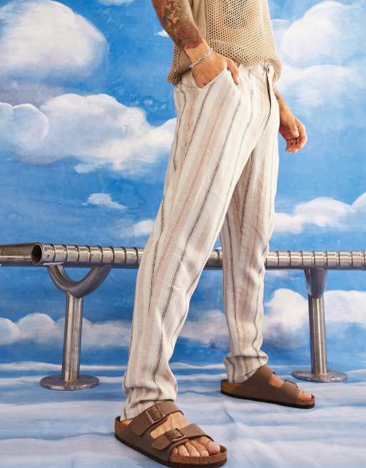 ASOS DESIGN - Pantalon fuselé en lin mélangé à rayures - Beige