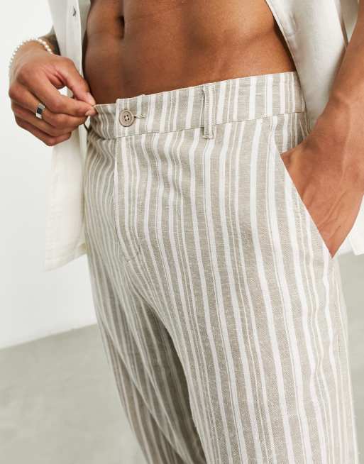 ASOS DESIGN - Pantalon fuselé en lin mélangé rayé - Marron, 3 de 4