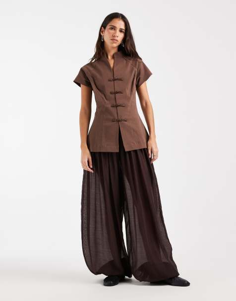 ASOS DESIGN - pantalón globo semitransparente marrón de conjunto - view 1
