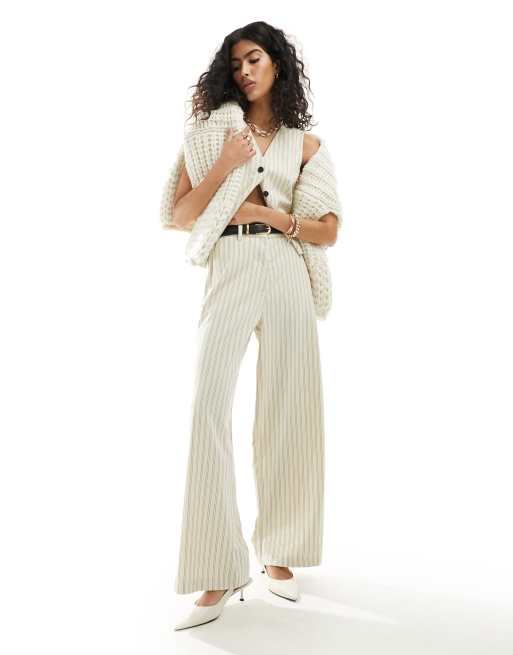 ASOS DESIGN Pantalon habille a rayures avec ceinture Creme ASOS