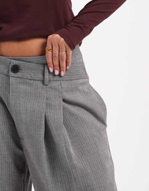 ASOS DESIGN tailored low rise wide leg trousers with asymmetric waistband in mono herringbone