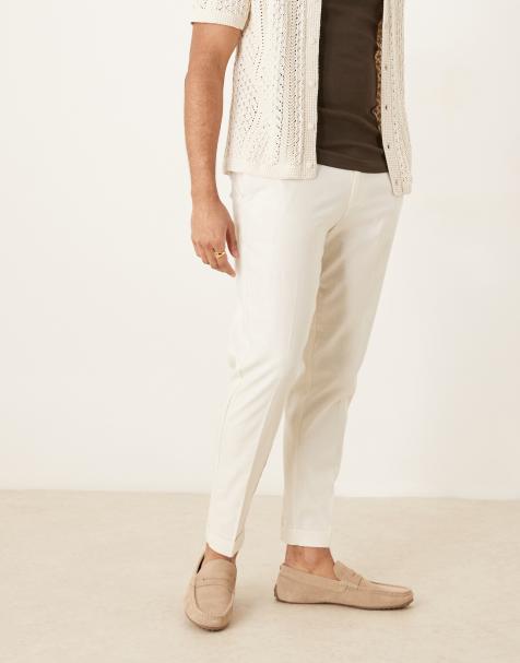 ASOS DESIGN - Pantalon habillé coupe ajustée à revers en lin mélangé - Écru - view 1