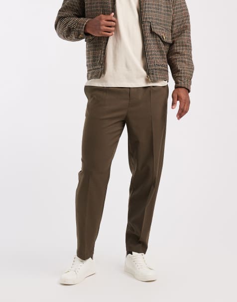 ASOS DESIGN - Pantalon habillé coupe décontractée fuselée à pinces et motif hachuré - Kaki - view 1