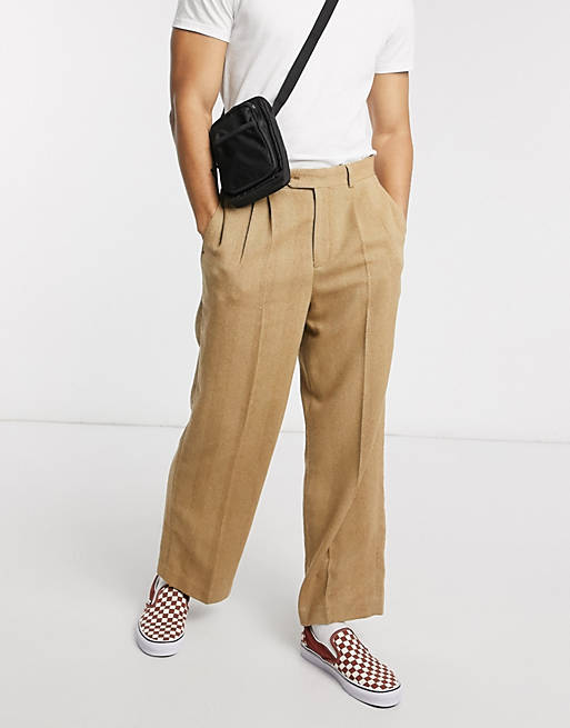ASOS DESIGN - Pantalon habillé coupe large à taille haute avec motif chevrons - Fauve