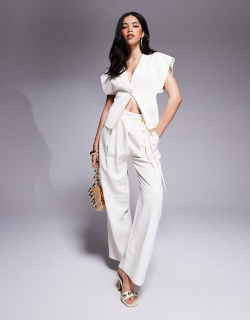 ASOS DESIGN - Pantalon habillé d'ensemble en lin avec taille croisée à liens - Ivoire