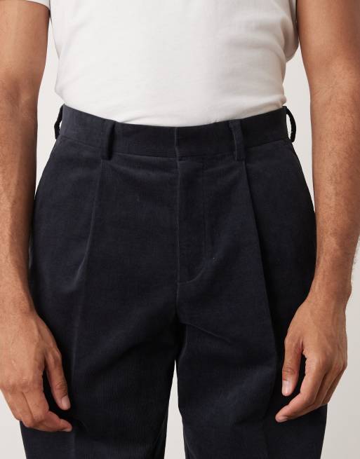 ASOS DESIGN - Pantalon habillé en velours côtelé de coton mélangé coupe ample à pinces - Bleu marine, 4 de 5