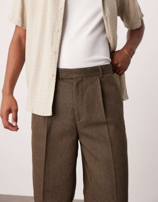 ASOS DESIGN - Pantalon habillé oversize coupe ajustée à pinces en sergé de laine - Marron, 3 de 5