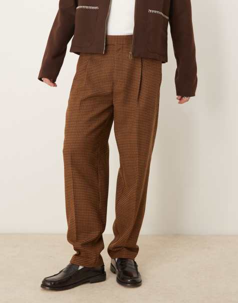 ASOS DESIGN - Pantalon habillé oversize en laine mélangée avec taille élastique sur la moitié à chevrons - Marron - view 1