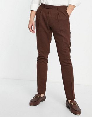 Homme Pantalon habillé style classique coupe skinny en laine mélangée nattée - Marron