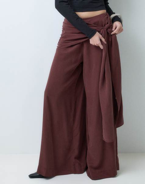 ASOS DESIGN pantalon large à détail foulard couleur chocolat - view 1